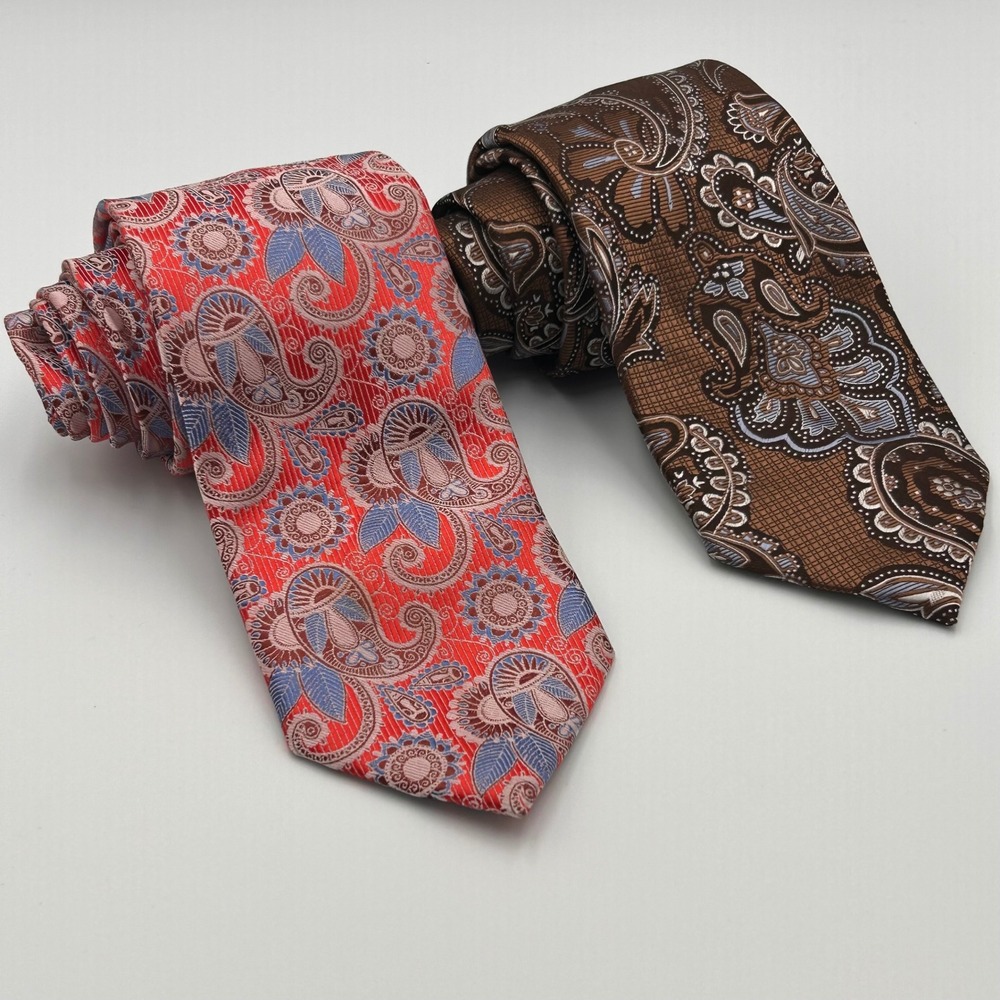 2pc BARCELONA CRAVATTE Mens Paisley Necktie Set‎ Red Brown